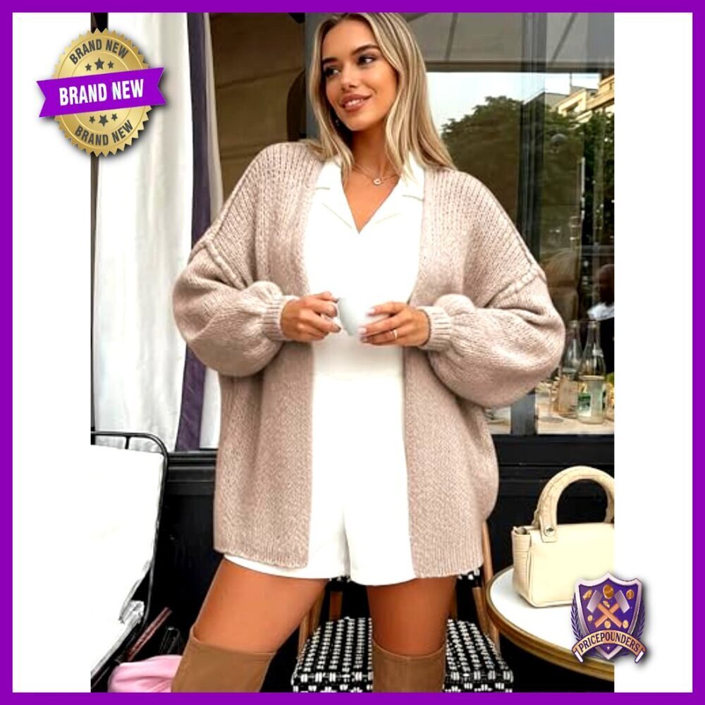 Oversized Chunky Knit Cardigan with Lantern Sleeves, Open Front, Below Hip - Picture 2 of 7
